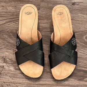 UGG Lyra Sandals Black Leather Cross‎ Straps Wedge Open Round Toe Size 8